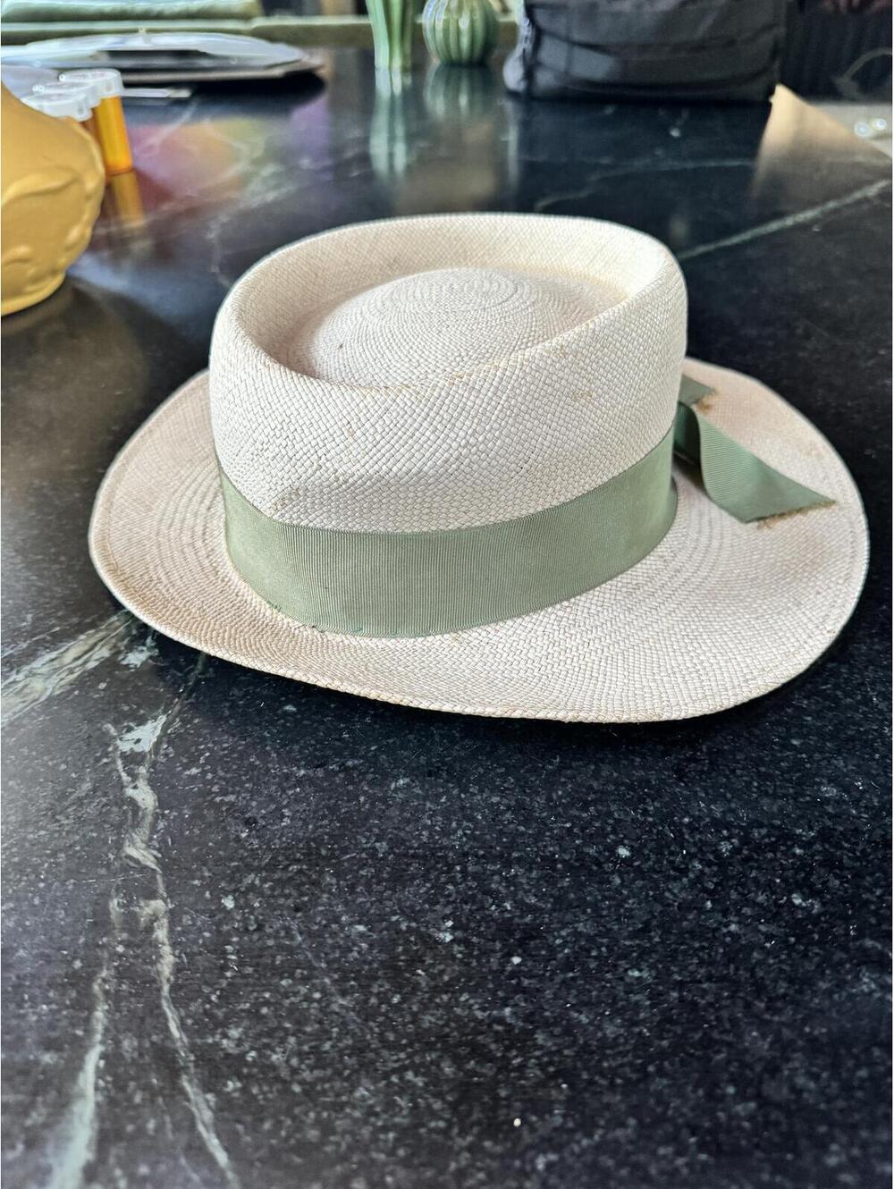 Handwoven Genuine Panama Hat - Olive Green Ribbon & Lizard Brooch - Size 22 - Picture 2 of 9